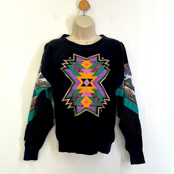 Hazelwood Southwest Fashion - Vintage 80s Black Aztec Fringe Sweatshirt Small - Picture 1 of 12